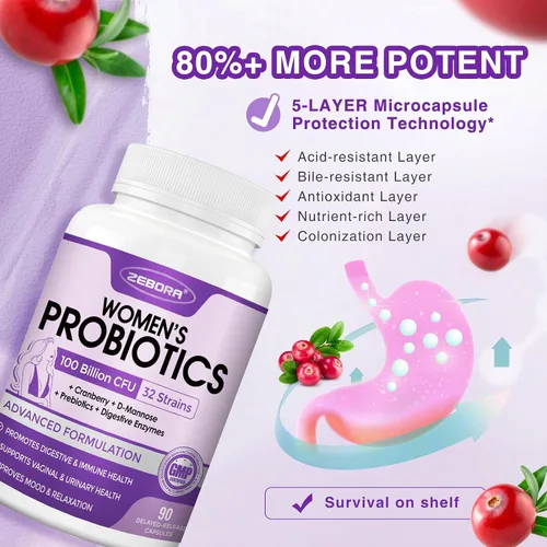 Vista 5 de ZEBORA Probióticos para Mujeres Salud Digestiva con Enzimas y Prebióticos 100 Mil Millones de UFC Probióticos Vaginales con D-Manosa y Arándano