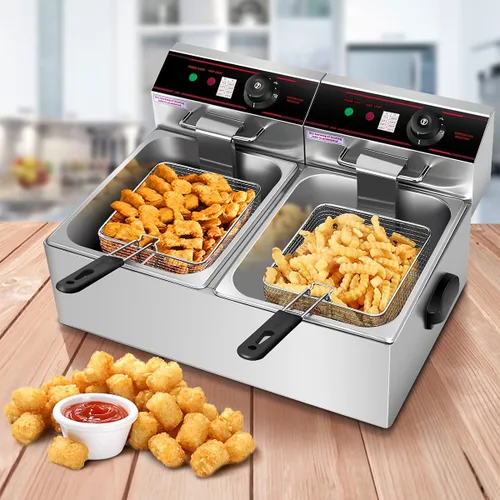 Vista 2 de Giantex Freidora comercial de 3400 W, tanque doble, freidora eléctrica de acero inoxidable de 12.8 cuartos de galón con 2 cestas, tapas y control