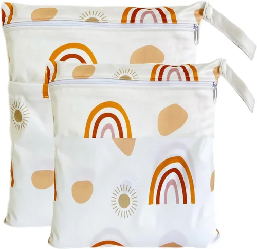 Vista 10 de Bolsa para pañales de tela, 2 bolsas impermeables y reutilizables con bolsillos con cremallera, lavable, reutilizable para viajes, playa, piscina