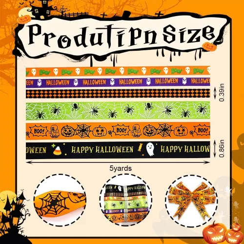 Vista 2 de Hying 6 cintas de calabaza de Halloween, 3/8 pulgadas de ancho de satén para manualidades en naranja y negro para envolver regalos y decoraciones