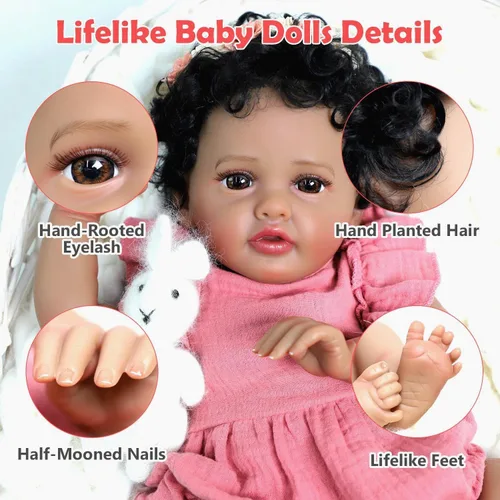 Vista 5 de SCOM Muñeca Bebé Reborn Realista – Niña afroamericana negra de 18 pulgadas, muñecas realistas con cuerpo suave y pesado, juguete de regalo de Bebé