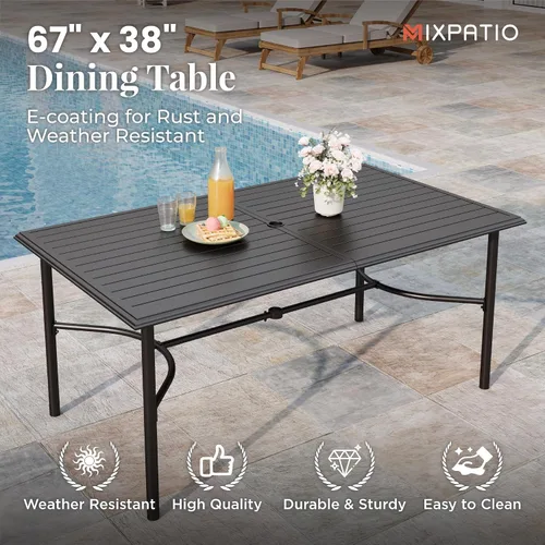 Vista 7 de MIXPATIO Juego de comedor de 7 piezas para exteriores, 6 sillas rojas de textileno y mesa rectangular de acero con agujero para parasol de 1,97
