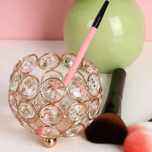 Vista 5 de Crystal Beads Makeup Brush Holder, Handcrafted Cosmetics Makeup Brushes Cup Organizer Vanity Decor, Candle Holder Decoration Tray(Gold)