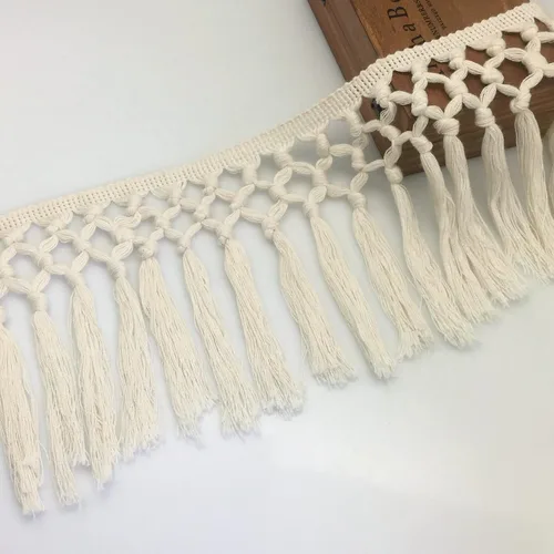 Vista 4 de FQTANJU Borla de algodón de 3 yardas de 5.5 in de ancho, borla de algodón, cinta bohemia de macramé para accesorios de costura, manualidades y Beige