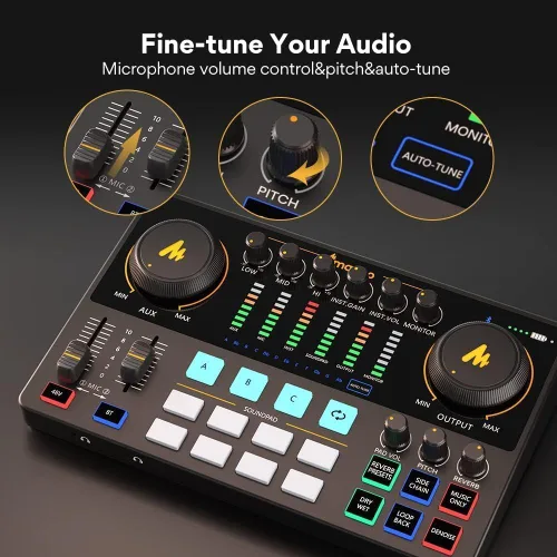 Vista 14 de MAONO Kit de Equipo de Podcast Interfaz de Audio de 10 Canales y Micrófono Dinámico XLR MaonoCaster con Preamplificador Profesional, 48V, Bluetooth