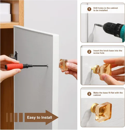 Vista 5 de coolnews - Paquete de 4 manijas de cajón de cristal champagne, manijas de vidrio para gabinete de cocina de 1-3/8 pulgadas cuadradas, manijas