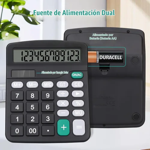 Vista 2 de Calculadora de escritorio, calculadora negra con botones grandes, pantalla LCD grande de 12 dígitos, batería solar y AA de doble potencia