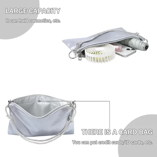 Vista 5 de Bolso de noche de satén para mujer, bolso de hombro con correa de diamantes de imitación para boda, fiesta, baile de graduación, Negro