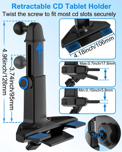 Vista 3 de Soporte para tablet de automóvil, ranura para CD, brazo ajustable en altura, soporte para tableta para reproductor de CD de automóvil, abrazadera
