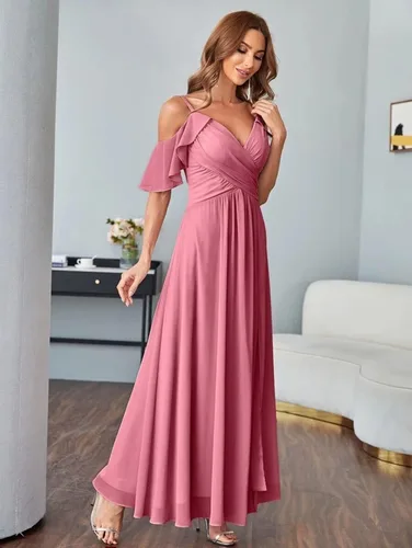 Vista 7 de V-Neck Bridesmaid Dresses with Pockets A-Line Long Chiffon Formal Party Dresses with Slit HY016
