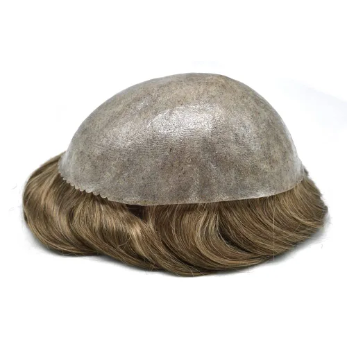 Vista 438 de Toupee para hombre 100% cabello humano real tupé para hombres 0.004 in piel de poliuretano para hombre, sistema de reemplazo de piezas de pelo