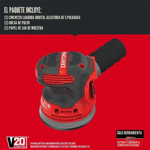 Vista 2 de CRAFTSMAN Lijadora orbital V20, inalámbrica, 12.000 OPM, solo herramienta desnuda (CMCW220B)