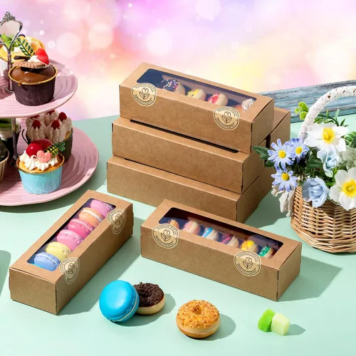 Vista 6 de Sherr 100 Cajas Marrones para Macarons con Ventana, Cajas para Galletas con 200 Pegatinas, Contenedores Largos de Regalos para Panadería y Postres