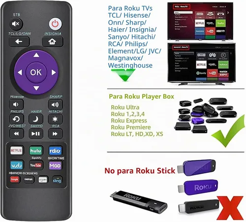 Vista 2 de Control remoto universal para cajas y televisores Roku - Compatible con TCL, Sanyo, LG, RCA, Philips, HITACHI, ONN, Insignia, Hisense, Sharp, JVC