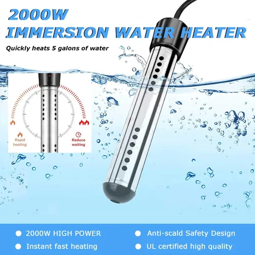 Vista 2 de Calentador de agua de inmersión de 2000 W con certificación UL, calentador de agua eléctrico portátil con 304 SS antiquemaduras, actualizado