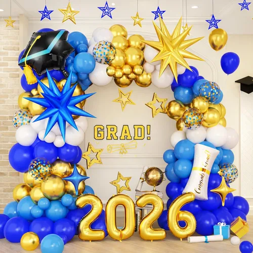Vista 6 de Kit de arco de globos de graduación azul y dorado 2026, decoraciones de graduación 2026, globos dorados del número 2026 con explosión de estrella