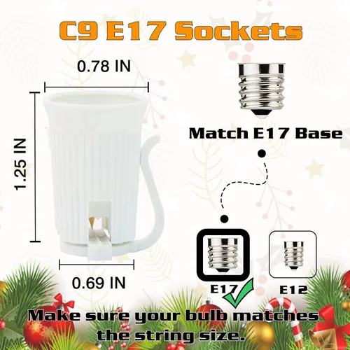 Vista 3 de Cadena de luces de Navidad C9 de 25 pies, enchufes de luz E17 con separación de 12 pulgadas, juego de cadena de luces C9 blanco para decoración
