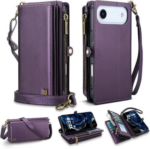 Vista 28 de Funda tipo cartera para iPhone 16 Pro Max con 8 tarjeteros, bloqueo RFID, piel sintética, función atril, abatible, correa de muñeca y correa