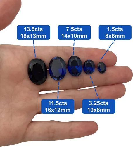 Vista 4 de Piedra preciosa de corindón de zafiro sintético suelto ovalado azul real con corte facetado 3A VVS (1.5 cts-13.5 quilates, 1 unidad)