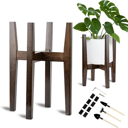 Vista 8 de Soporte ajustable de bambú para plantas de interior, estante moderno para flores con compatibilidad de maceta de 8 a 12 pulgadas, diseño de esquina