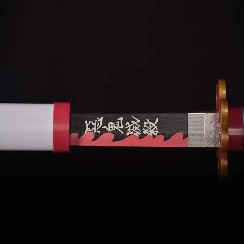 Vista 3 de Espadas Katana de anime de madera para cosplay, espada Samurai Kanroji Mitsuri, espada Demon Slayer, cuchillo rueda solar blanca de 30 pulgadas