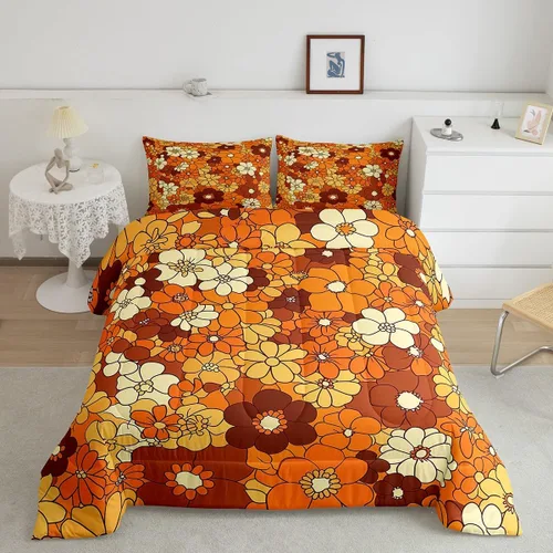 Vista 4 de Juego de ropa de cama con estampado floral bohemio, tamaño individual, diseño retro de flores groovy, 60S y 70S, juego de edredón de flores hippie