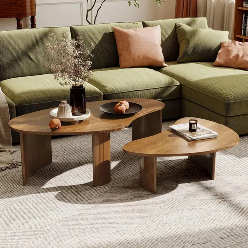 Vista 15 de Hyfirm - Mesa de café moderna de madera negra de 47.25 pulgadas para la sala de estar, mesa central resistente con tapa irregular de mango y patas