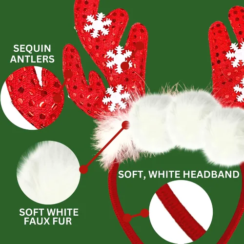 Vista 2 de Needzo Diadema con cuernos de reno brillante rojo, accesorio para el cabello navideño 2024, talla única