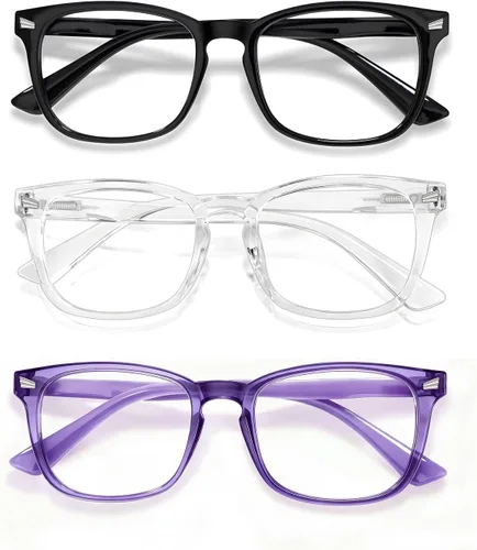Vista 8 de Gafas de luz azul para niños, paquete de 3 unidades, marco flexible TR90 inastillable, lentes transparentes y rojas, gafas falsas para niños de 2 a