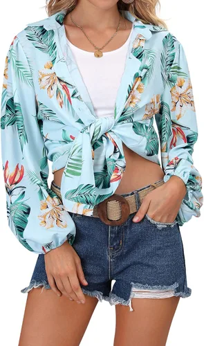 Vista 4 de ZXZY Blusa hawaiana tropical con botones y estampado floral suave para mujer