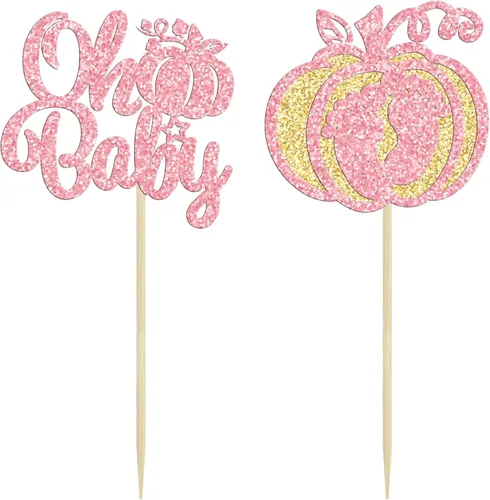 Vista 3 de Gyufise 24 adornos para cupcakes de calabaza rosa, decoración de pastel de baby shower, decoración para baby shower con temática de calabaza