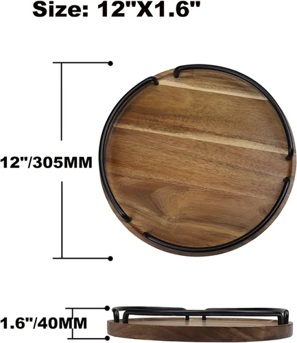 Vista 2 de Bandeja redonda de madera para servir, bandeja decorativa de estilo rústico para mesa de café, sala de estar, tocador, bandeja de madera de acacia