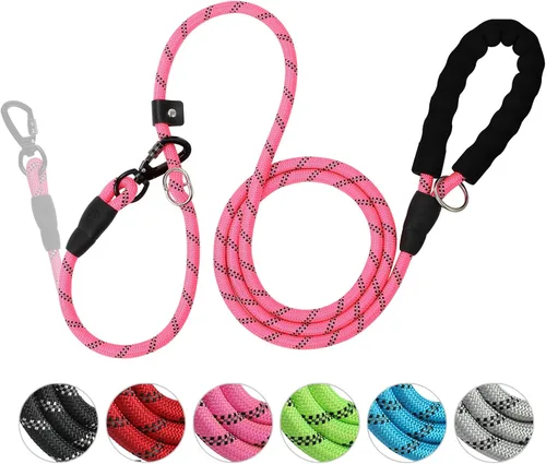 Vista 6 de Correa deslizante para perro de 6 pies, ajustable y desmontable con gancho de entrenamiento reflectante, cuerda trenzada sin tirones con mango