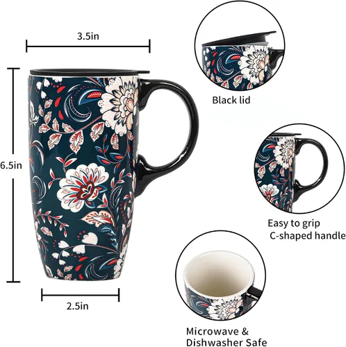 Vista 8 de DUSVALLY Taza de viaje de cerámica de 17 onzas con tapa, taza de café botánica vintage, taza de té floral azul con asa, apta para microondas