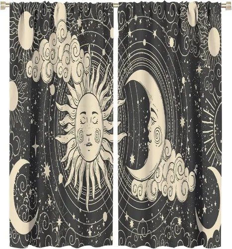 Vista 72 de Cortinas opacas con diseño de sol y luna, cuerpos celestes bohemios, con diseño de sol, luna y estrellas, para sala de estar, dormitorio, 42 x 45