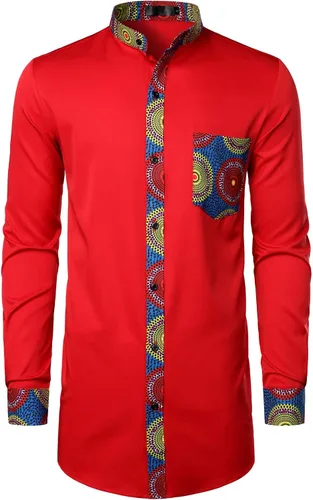 Vista 2 de LucMatton Camisa Dashiki alargada con diseño de retazos de manga larga para hombre