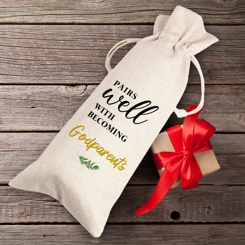 Vista 3 de Regalo de propuesta de padrinos, bolsas de vino, se adapta a botellas estándar de 25.4 fl oz, cierre de cordón, unisex, beige, algodón, rústico