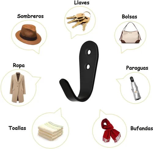 Vista 6 de Ganchos para colgar abrigos de pared, paquete de 6 perchas negras para chaquetas, de acero inoxidable, gancho de una sola puerta, resistente, gancho