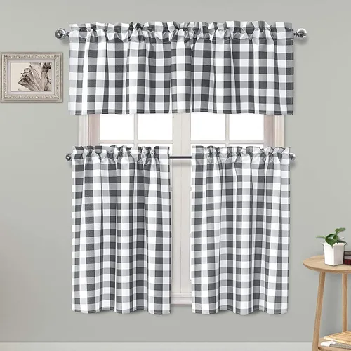 Vista 10 de Hiasan - Juego de cortinas semitraslúcidas a cuadros con cenefa y paneles de cocina, filtro de luz Buffalo a cuadros, color aguamarina y blanco