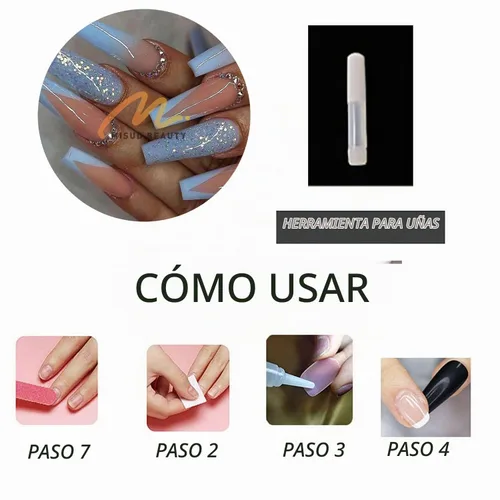 Vista 6 de MISUD - Uñas postizas a presión largas en forma de ataúd con pegamento, diseño de punta francesa acrílica azul de verano, 24 piezas