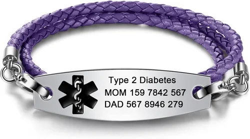 Vista 10 de JF.JEWELRY Pulseras de alerta médica personalizadas personalizadas para mujeres y hombres 3 capas de cuero trenzado negro pulseras médicas