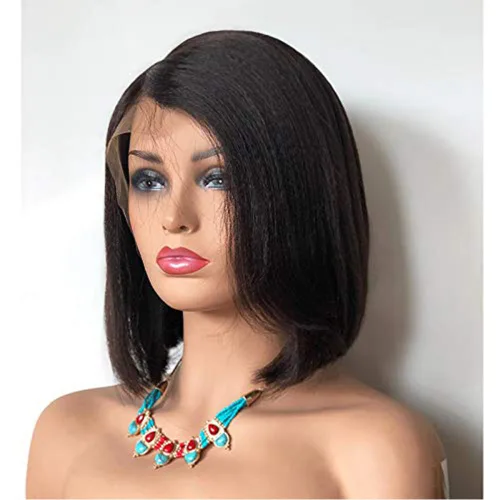 Vista 2 de ten chopsticks Pelucas de cabello humano estilo Bob corto italiano Yaki con encaje frontal para mujeres negras, pelucas de cabello brasileño