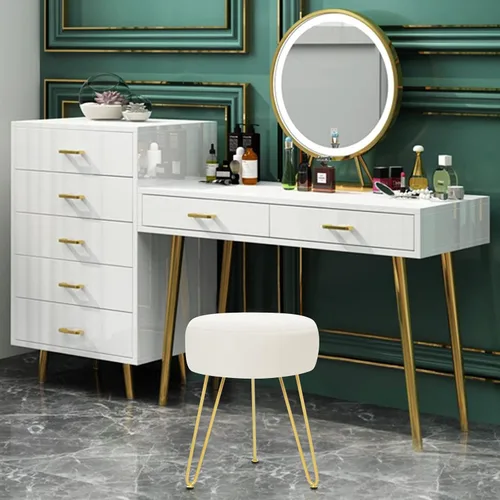 Vista 6 de Reposapiés de terciopelo suave y moderno, reposapiés redondo, otomano, con patas de metal dorado y relleno de esponja, reposapiés tapizado, sala
