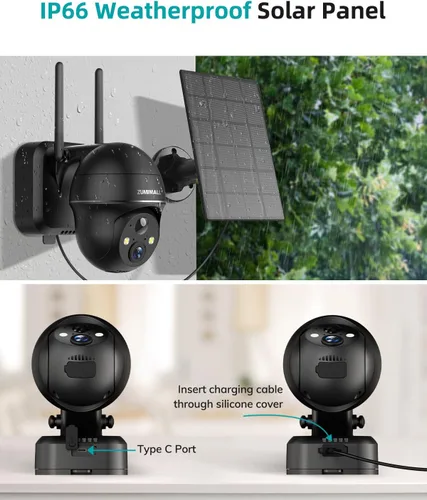 Vista 4 de ZUMIMALL Panel solar de 3 W para cámara de exterior inalámbrica, X2/X1/F5, panel solar impermeable IP66 con cable de carga tipo C de 10 pies, fuente