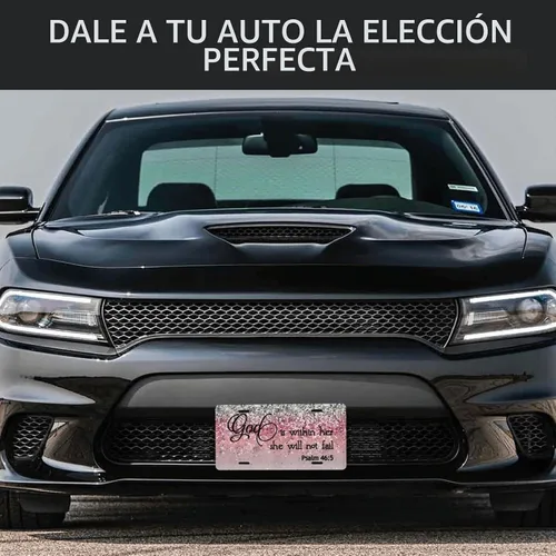 Vista 5 de Placa de matrícula delantera personalizada de aluminio con versículo bíblico Salmo 46:5 "Dios está en ella, no fallará" con destellos rosa