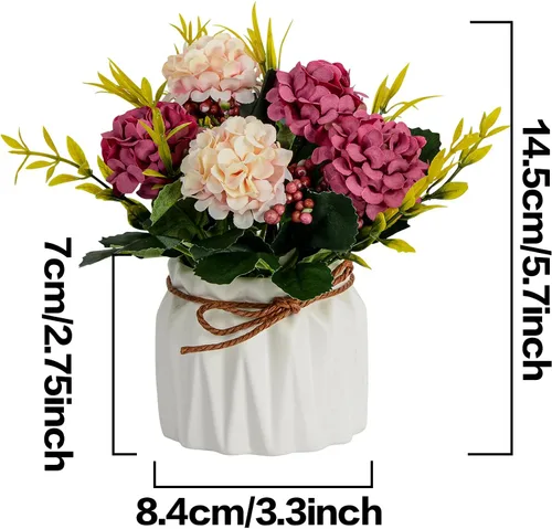 Vista 2 de Plantas de flores artificiales – Mini flores de hortensias falsas en maceta para decoración del hogar, fiesta, boda, oficina, patio, mesa