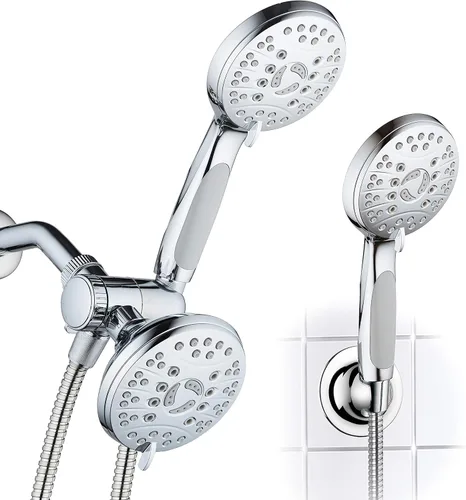 Vista 8 de Cabezal de ducha de alta presión de 48 modos de lujo, combo de 3 vías – Regadera de lluvia doble y de mano – Manguera de acero inoxidable de 6 pies