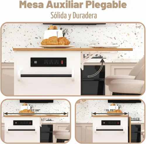 Vista 3 de Isla de cocina sobre ruedas, carrito de isla de cocina rodante con encimera de hojas caídas, carrito de islas modernas con tomas de corriente