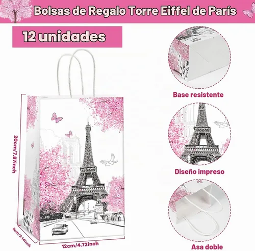 Vista 2 de ZOIIWA 12 bolsas de regalo de la Torre Eiffel de París, bolsas de dulces de primavera rosa de la Torre Eiffel, bolsas de regalo de la Torre Eiffel