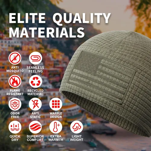 Vista 2 de OUTDOOR SHAPING Gorro de forro polar con bordado de bandera americana en cuadrícula, táctico, militar, gorra de cráneo del ejército